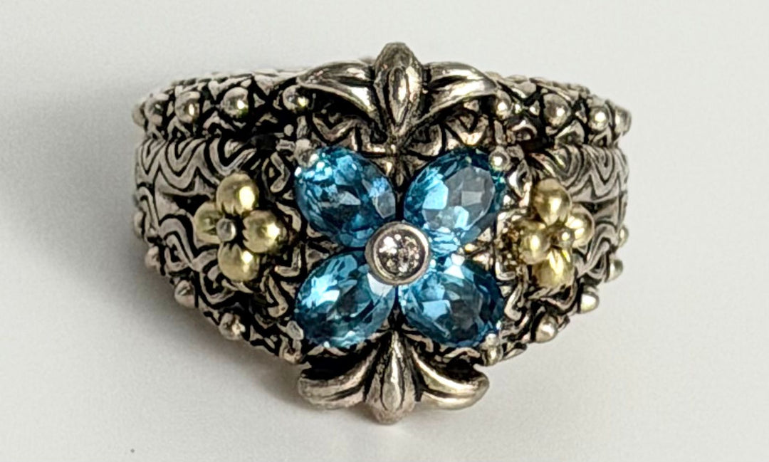BARBARA BIXBY 18K GOLD &amp; STERLING SILVER BLUE TOPAZ LOTUS RING
