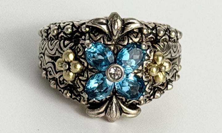 BARBARA BIXBY 18K GOLD &amp; STERLING SILVER BLUE TOPAZ LOTUS RING