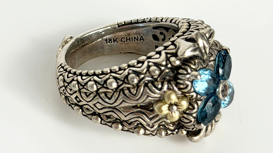 BARBARA BIXBY 18K GOLD &amp; STERLING SILVER BLUE TOPAZ LOTUS RING
