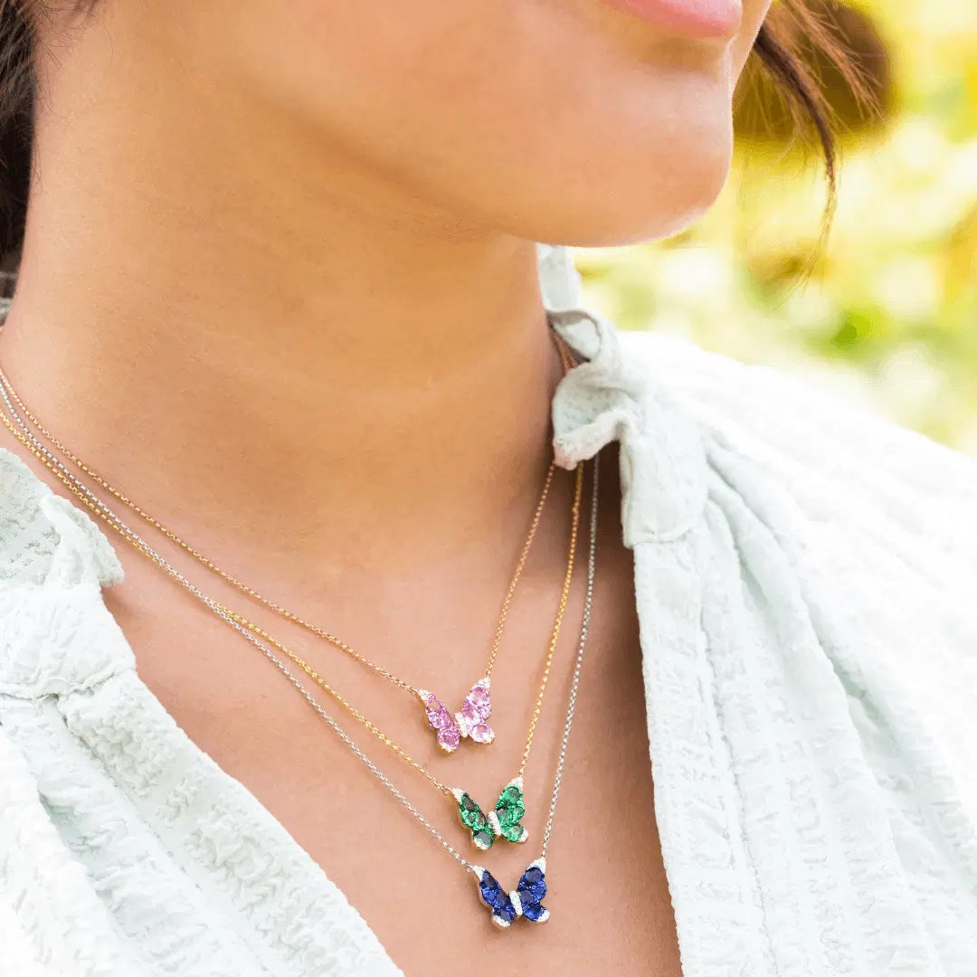 14K WHITE GOLD BLUE SAPPHIRE &amp; DIAMONDS BUTTERFLY PENDANT NECKLACE