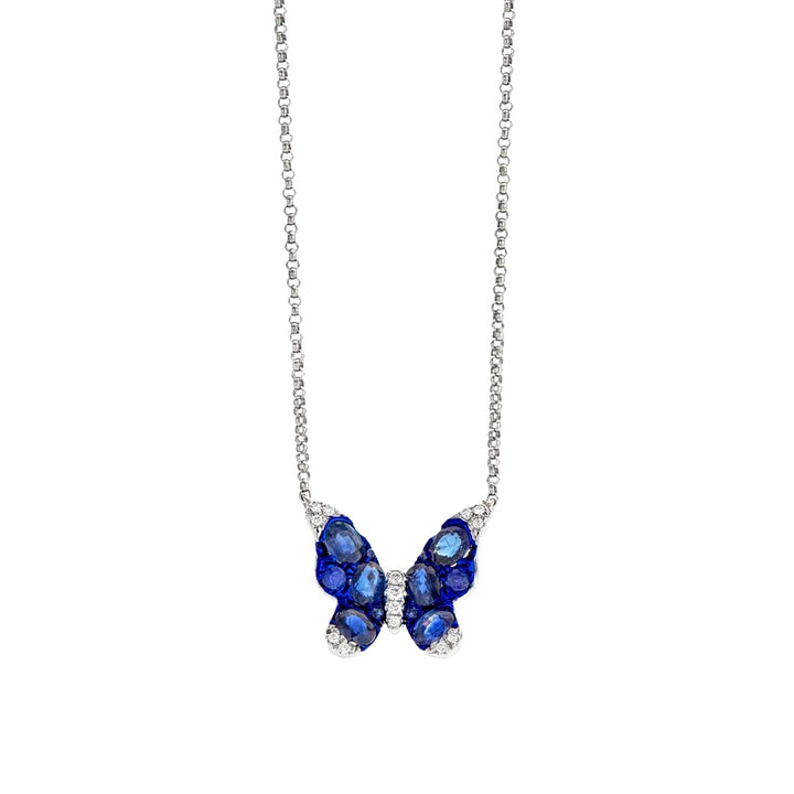 14K WHITE GOLD BLUE SAPPHIRE &amp; DIAMONDS BUTTERFLY PENDANT NECKLACE