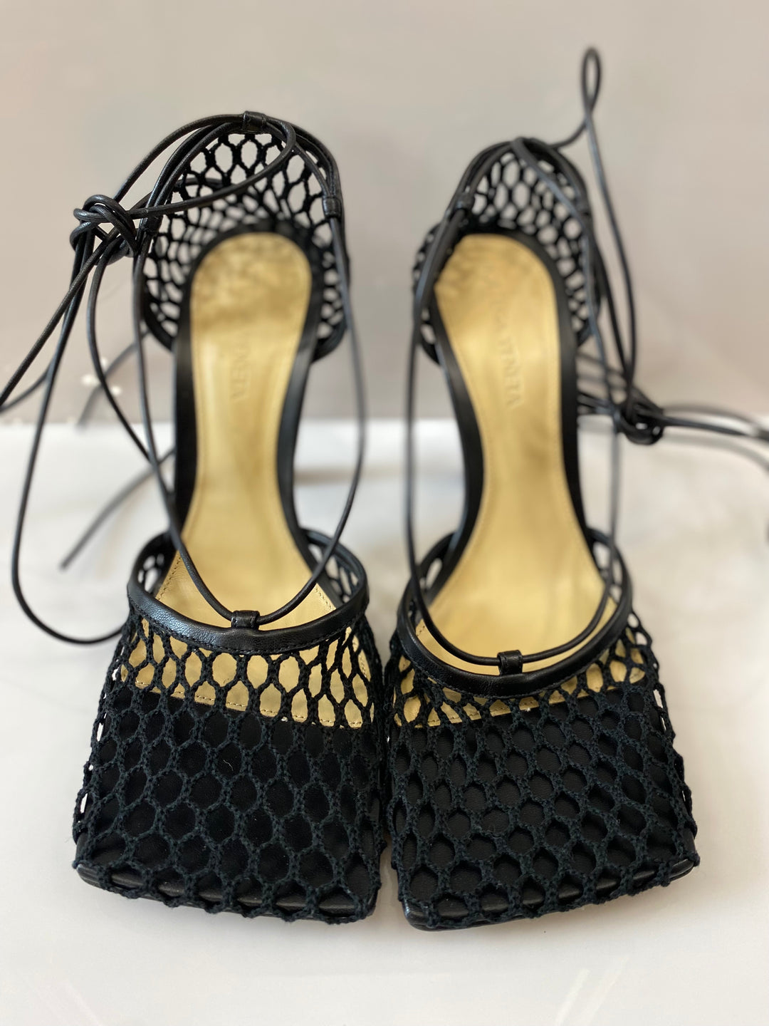 BOTTEGA VENETA LACE-UP NAPPA LEATHER TRIMMED MESH SANDALS