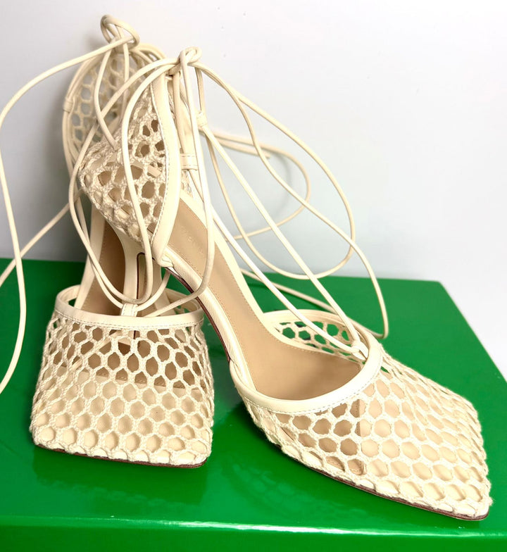 BOTTEGA VENETA STRETCH LEATHER TRIMMED MESH TIE UP SANDALS