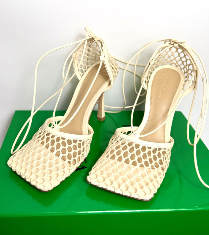 BOTTEGA VENETA STRETCH LEATHER TRIMMED MESH TIE UP SANDALS