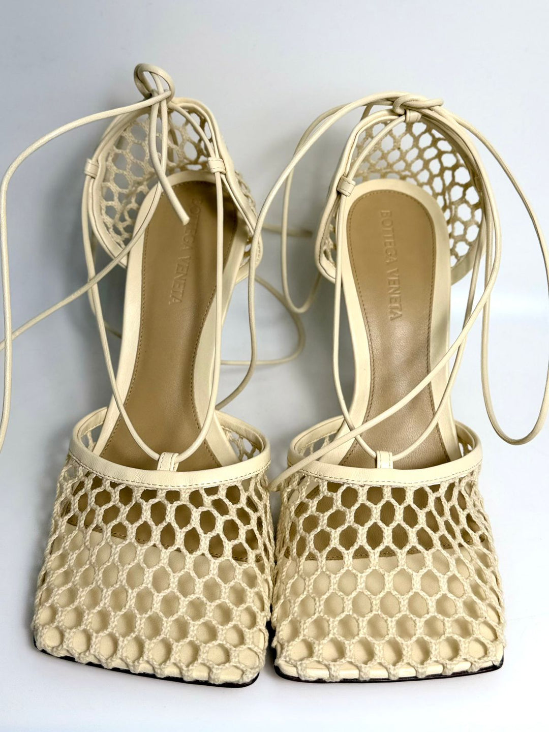 BOTTEGA VENETA STRETCH LEATHER TRIMMED MESH TIE UP SANDALS