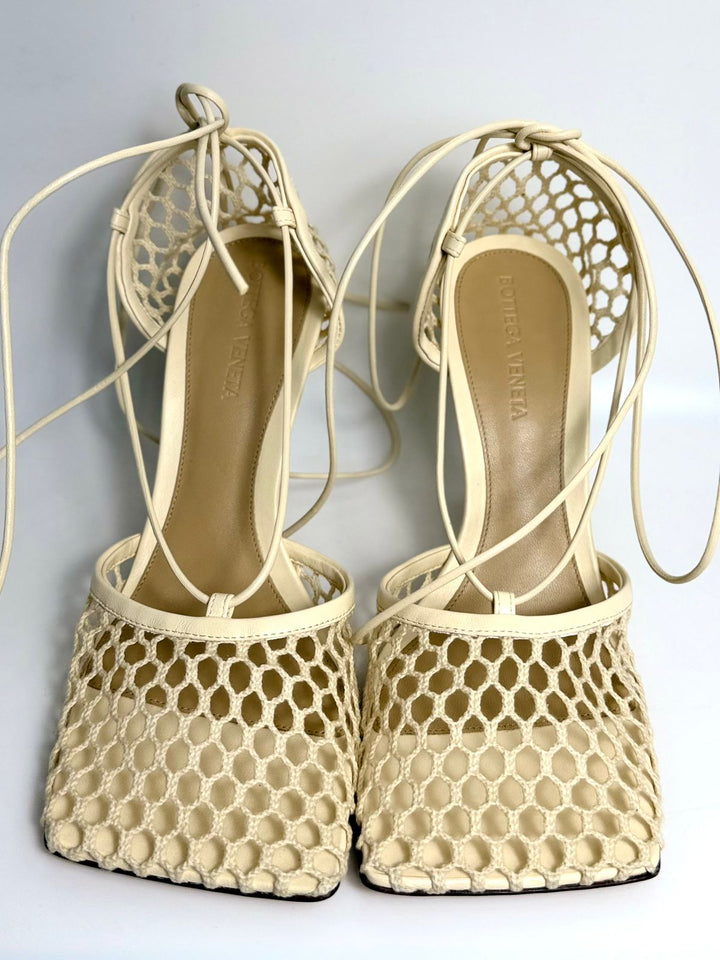 BOTTEGA VENETA STRETCH LEATHER TRIMMED MESH TIE UP SANDALS