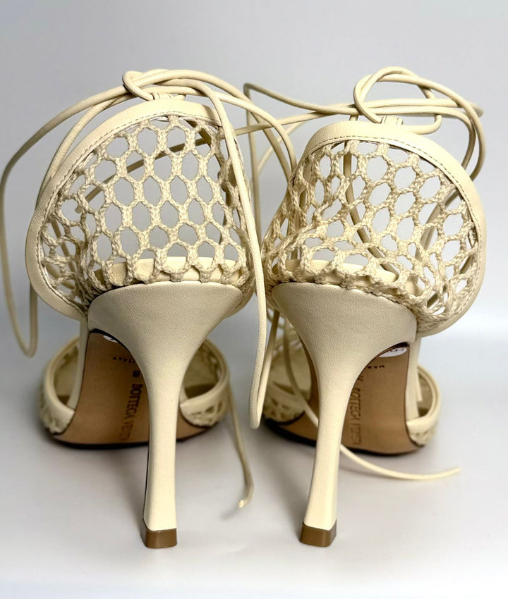 BOTTEGA VENETA STRETCH LEATHER TRIMMED MESH TIE UP SANDALS