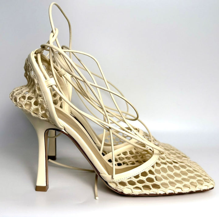 BOTTEGA VENETA STRETCH LEATHER TRIMMED MESH TIE UP SANDALS