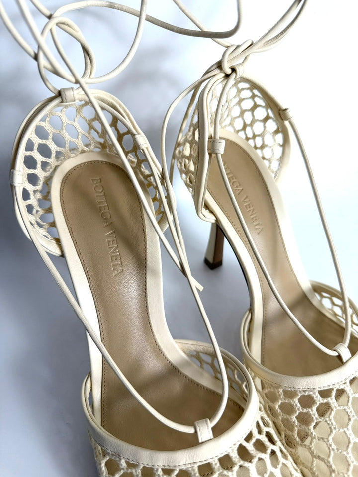 BOTTEGA VENETA STRETCH LEATHER TRIMMED MESH TIE UP SANDALS