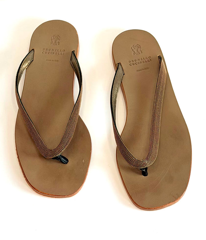 BRUNELLO CUCINELLI ROSA MONILI LEATHER THONG SLIDES