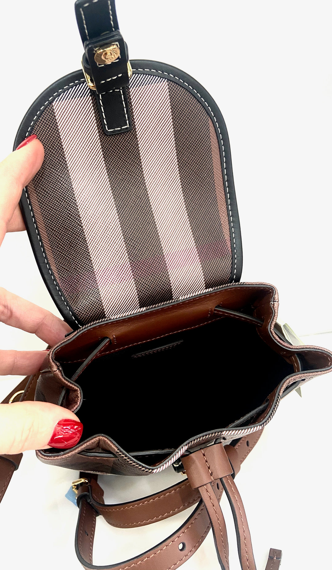 check and leather micro backpack Coated Canvas Crafted from full grain leather BURBERRY BROWN CHECK MICRO BACKPACK