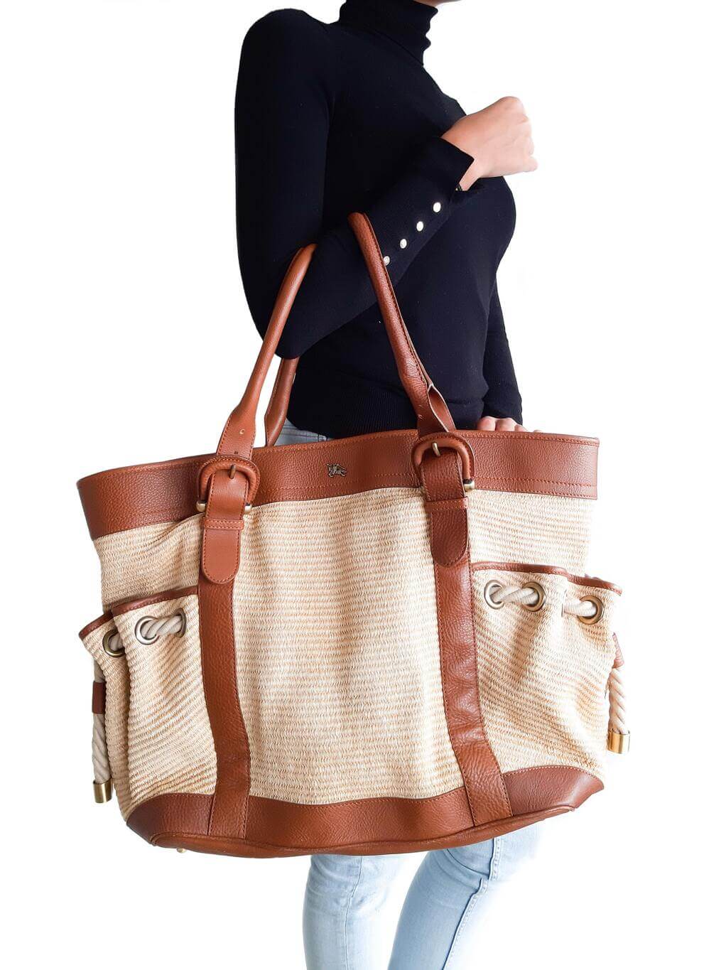 BURBERRY CARTERA FIGUE CANVAS &amp; CALFSKIN LEATHER TOTE BAG