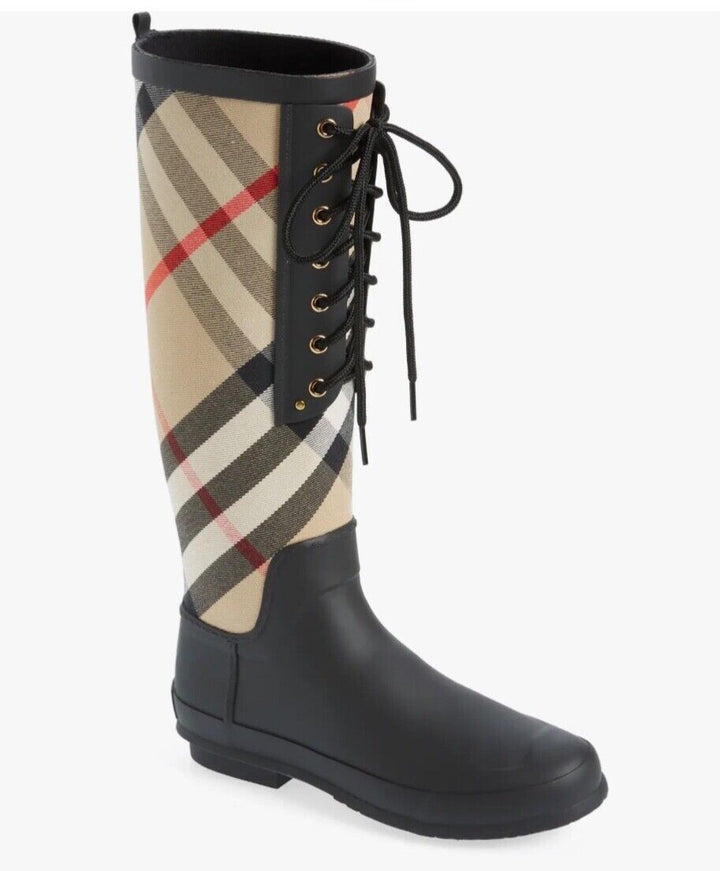 BURBERRY SIMEON HOUSE CHECK LACE UP RAIN BOOTS
