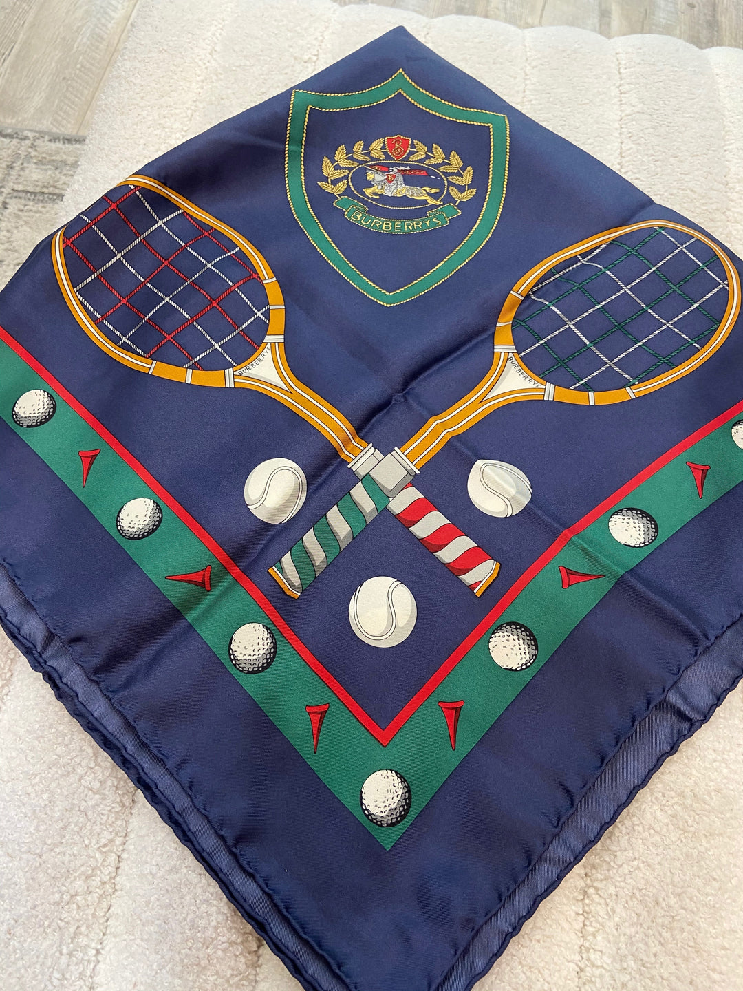 BURBERRY VINTAGE EQUESTRIAN KNIGHT TENNIS RACKET PRINT SILK SCARF