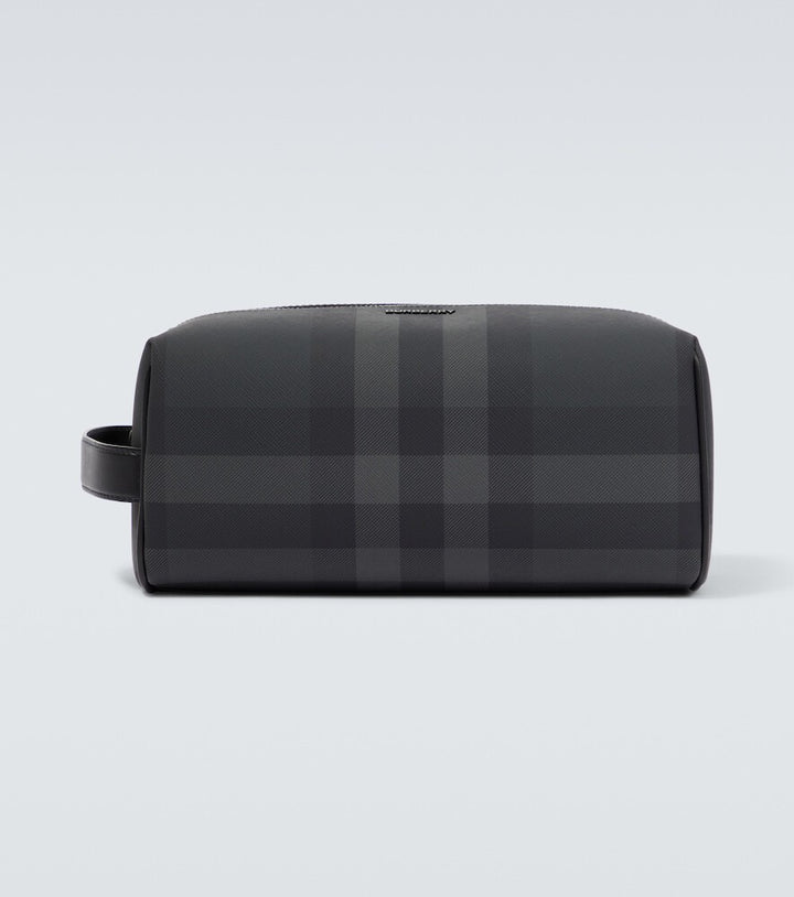 BURBERRY CHARCOAL HOUSE CHECK LEATHER TRAVEL POUCH