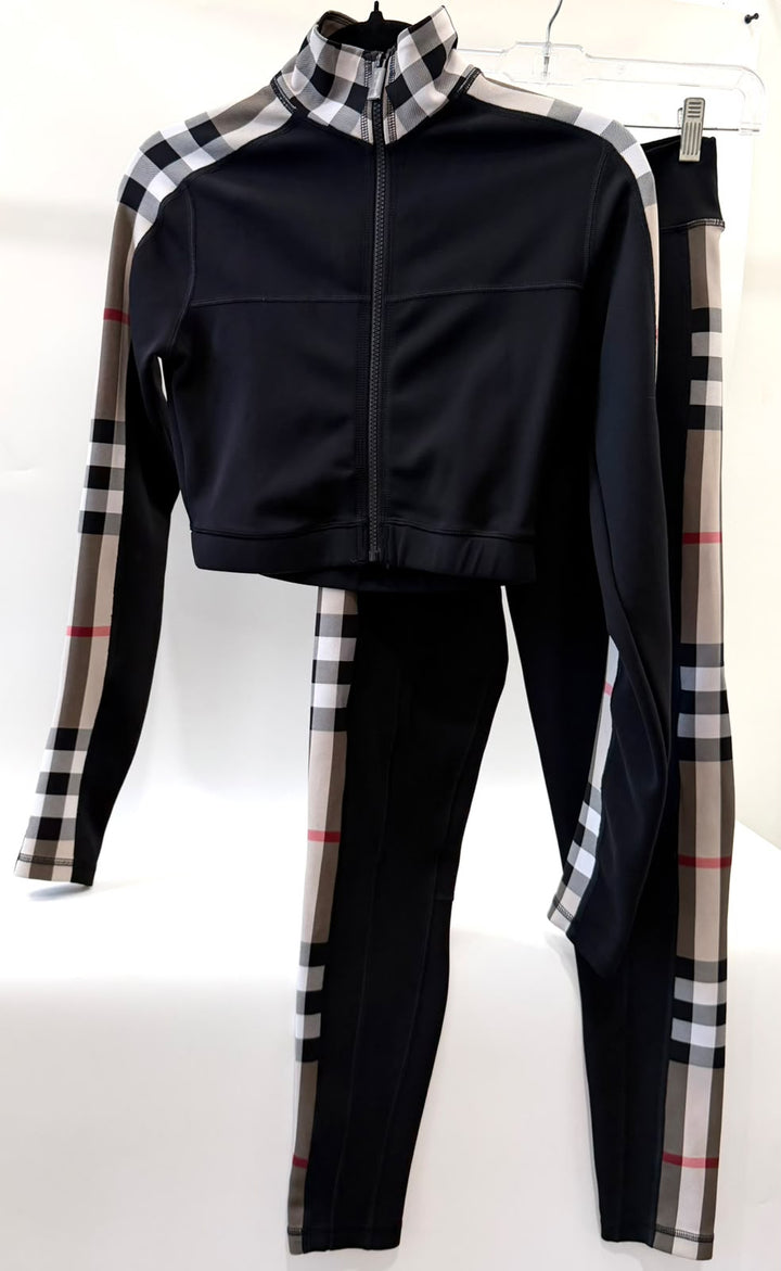 BURBERRY BLACK CHECK PANEL CROP TOP AND LEGGINGS SET