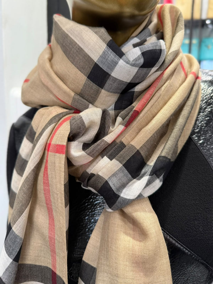 BURBERRY CHECK REVERSIBLE WOOL AND SILK SCARF