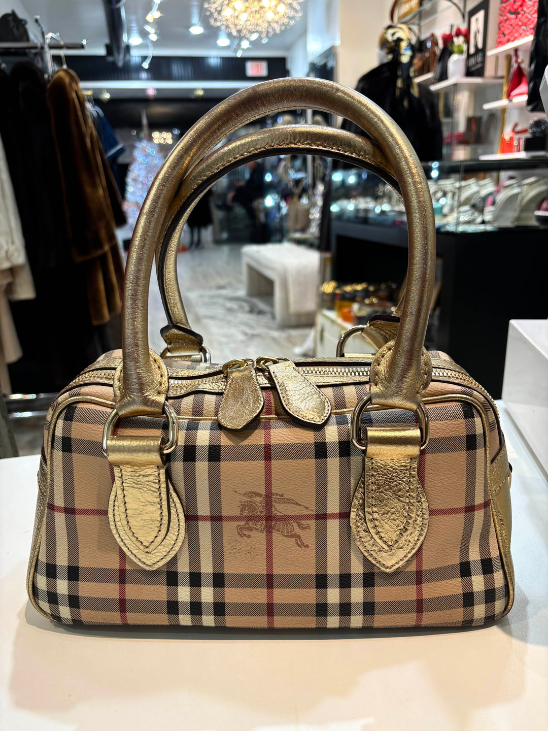 BURBERRY GOLD HAYMARKET CHECK PVC AND PATENT LEATHER BOWLER BAG