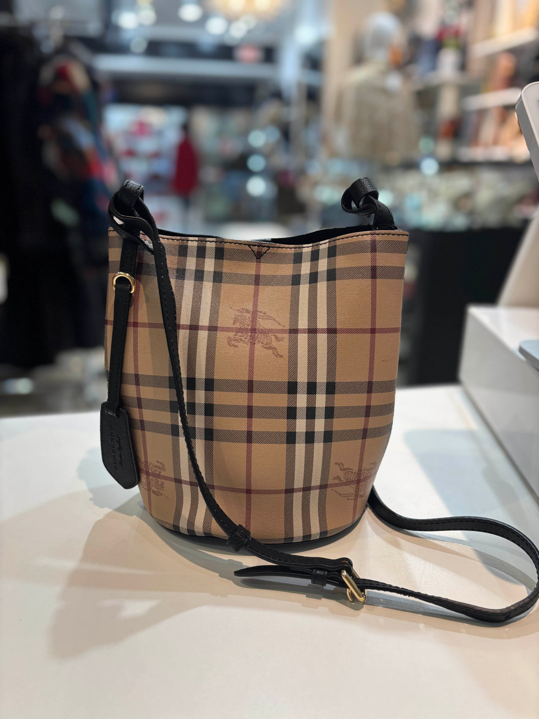 BURBERRY HAYMARKET CHECK BUCKET CROSSBODY BAG