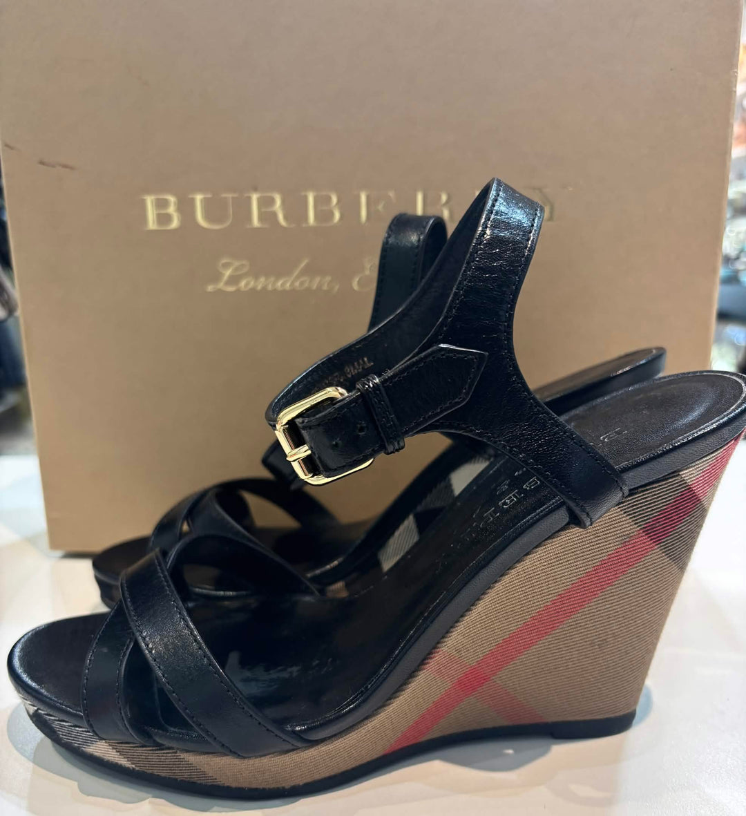 BURBERRY RASTRICKSON CHECK  LEATHER WEDGE HEELS SANDALS