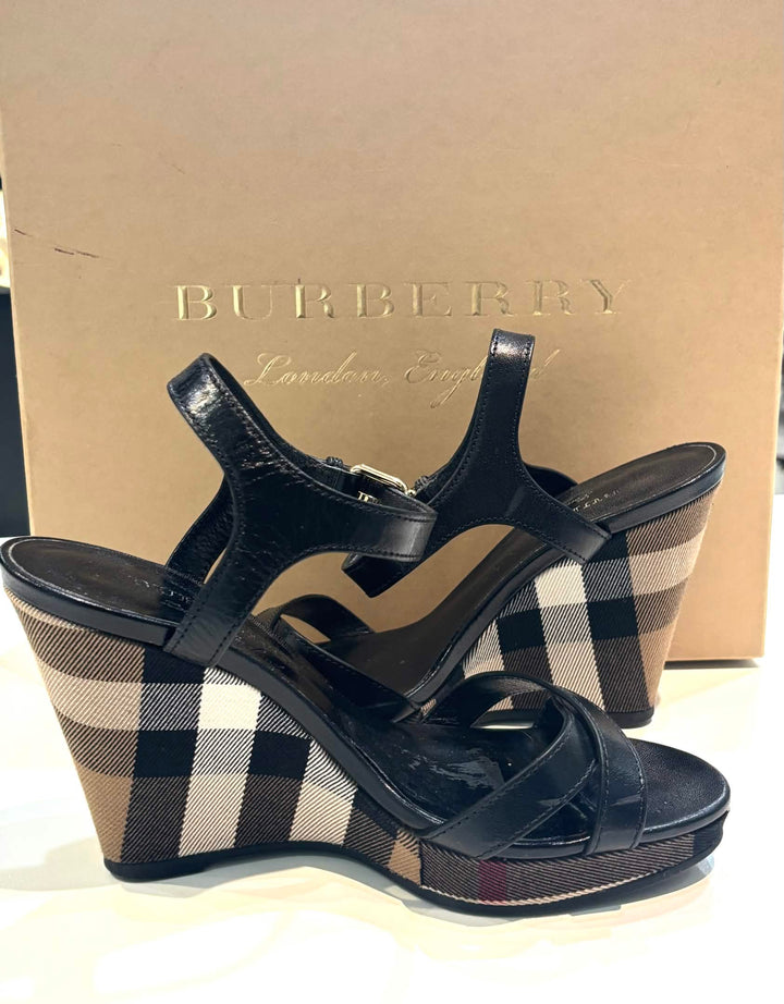 BURBERRY RASTRICKSON CHECK  LEATHER WEDGE HEELS SANDALS