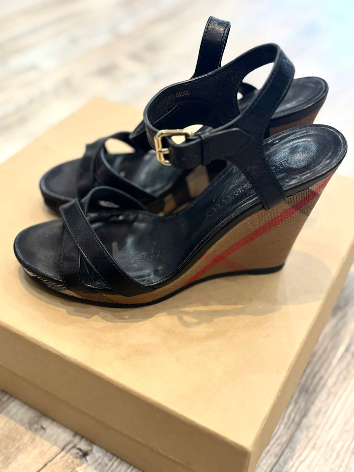 BURBERRY RASTRICKSON CHECK  LEATHER WEDGE HEELS SANDALS