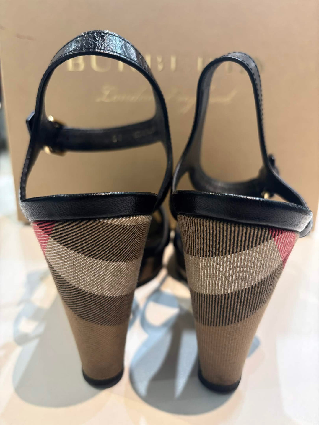 BURBERRY RASTRICKSON CHECK  LEATHER WEDGE HEELS SANDALS