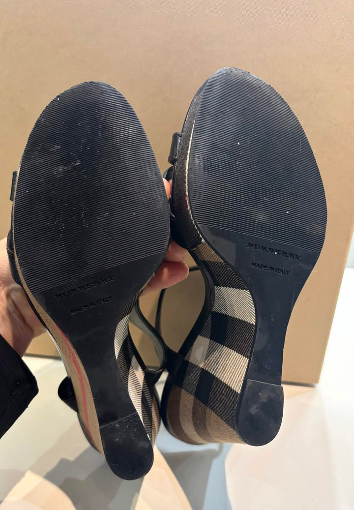 BURBERRY RASTRICKSON CHECK  LEATHER WEDGE HEELS SANDALS