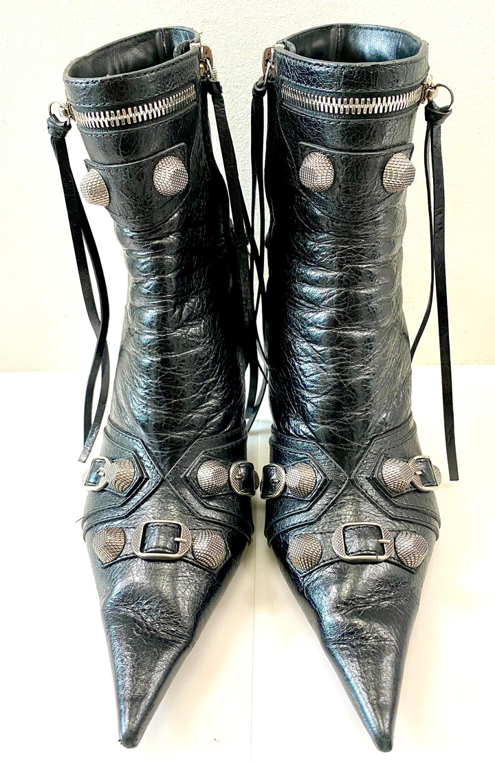 BALENCIAGA CAGOLE 50 POINTED TOE LEATHER ANKLE BOOTS