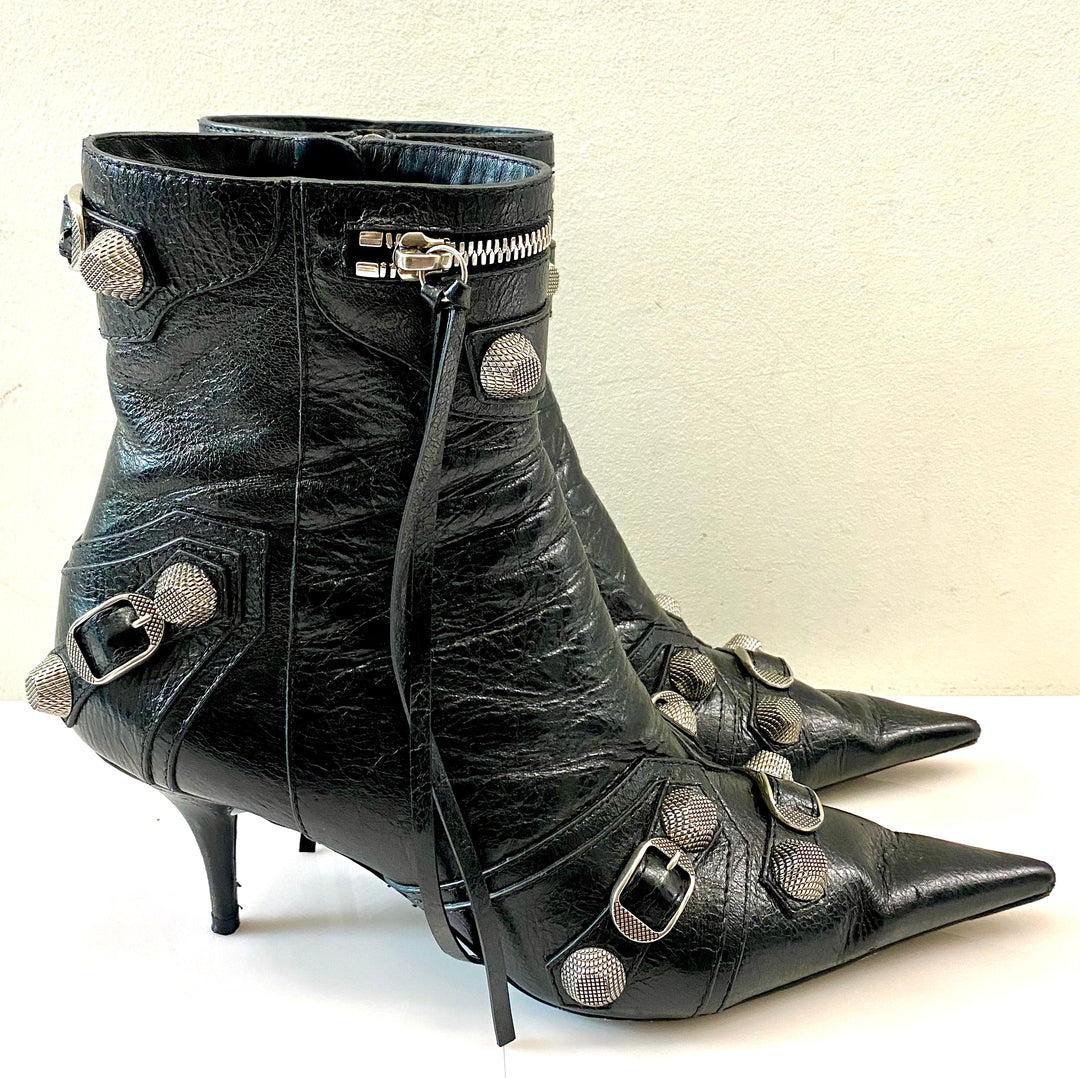BALENCIAGA CAGOLE 50 POINTED TOE LEATHER ANKLE BOOTS