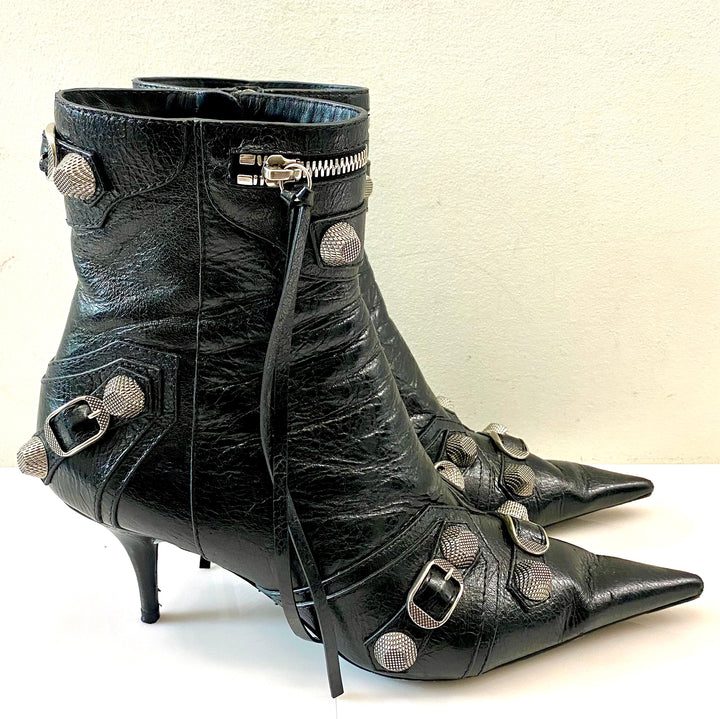 BALENCIAGA CAGOLE 50 POINTED TOE LEATHER ANKLE BOOTS