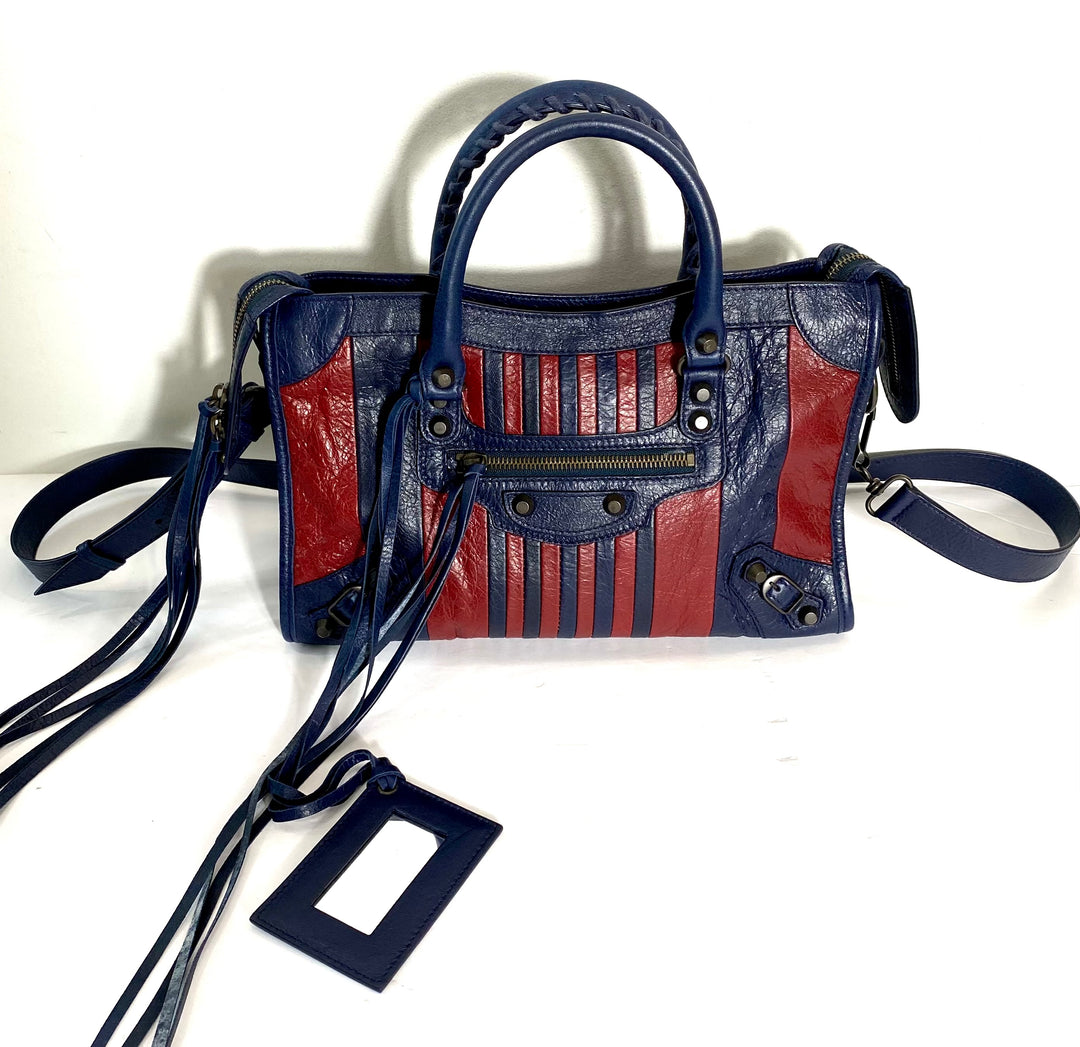 BALENCIAGA CLASSIC CITY S MARINE BORDEAUX STRIPE SATCHEL