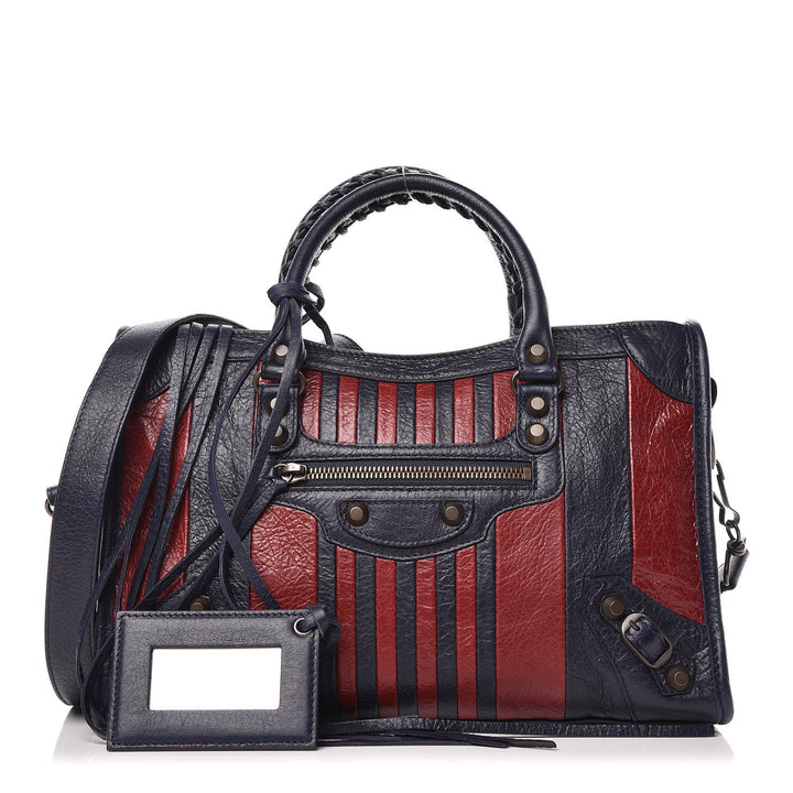 BALENCIAGA CLASSIC CITY S MARINE BORDEAUX STRIPE SATCHEL