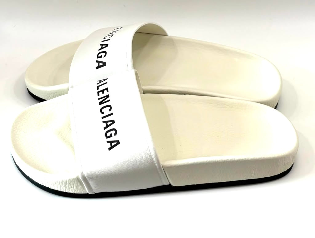 BALENCIAGA LOGO LEATHER POOL SLIDES