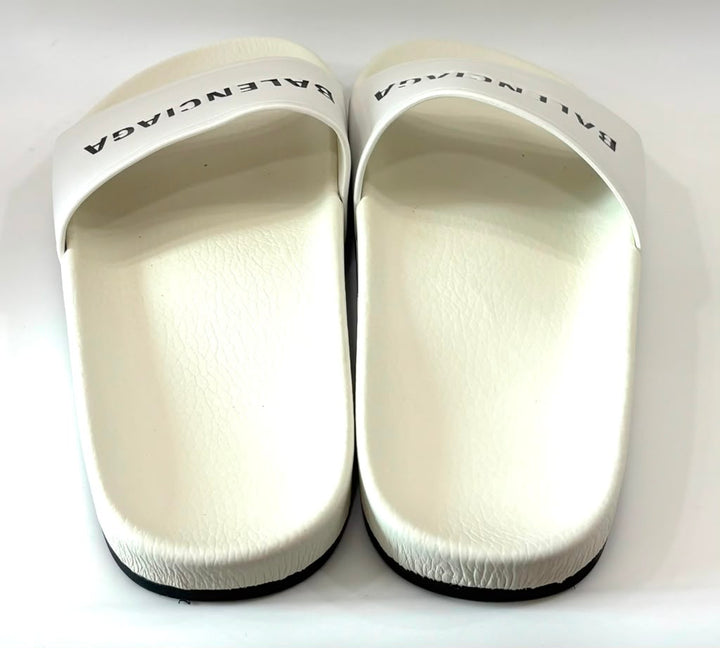 BALENCIAGA LOGO LEATHER POOL SLIDES