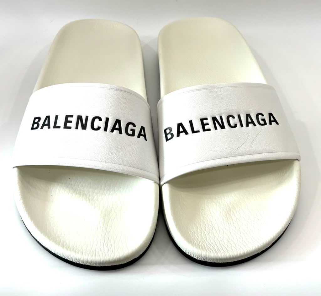 BALENCIAGA LOGO LEATHER POOL SLIDES