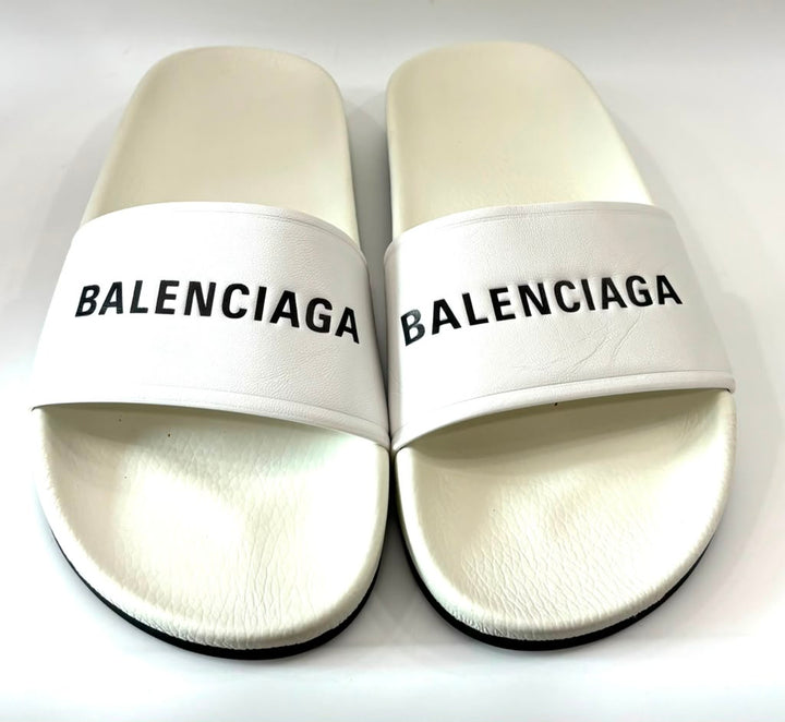 BALENCIAGA LOGO LEATHER POOL SLIDES
