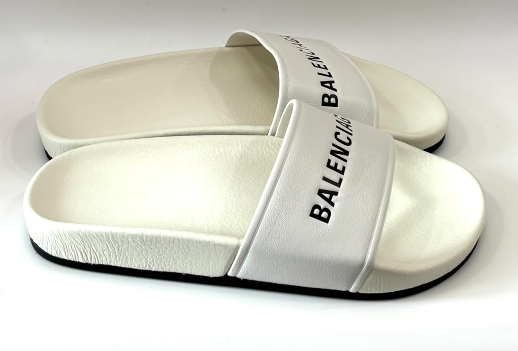 BALENCIAGA LOGO LEATHER POOL SLIDES