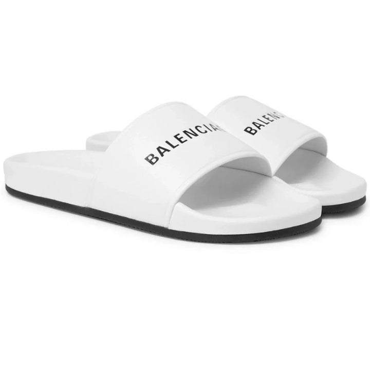BALENCIAGA LOGO LEATHER POOL SLIDES