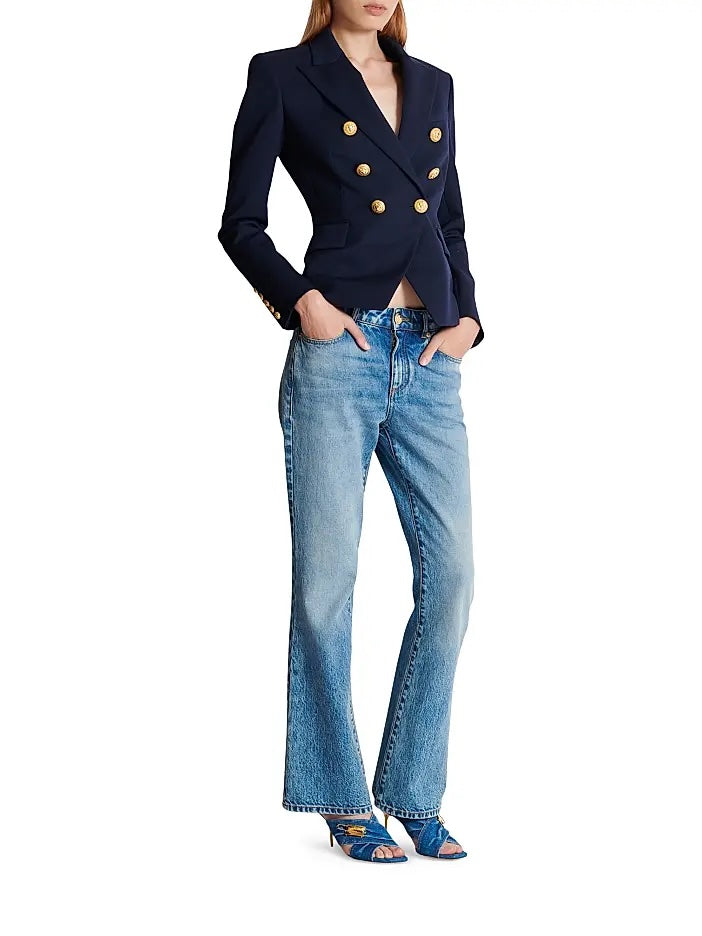 BALMAIN GRAIN DE POUDRE 6-BUTTON FITTED WOOL DOUBLE-BREASTED BLAZER