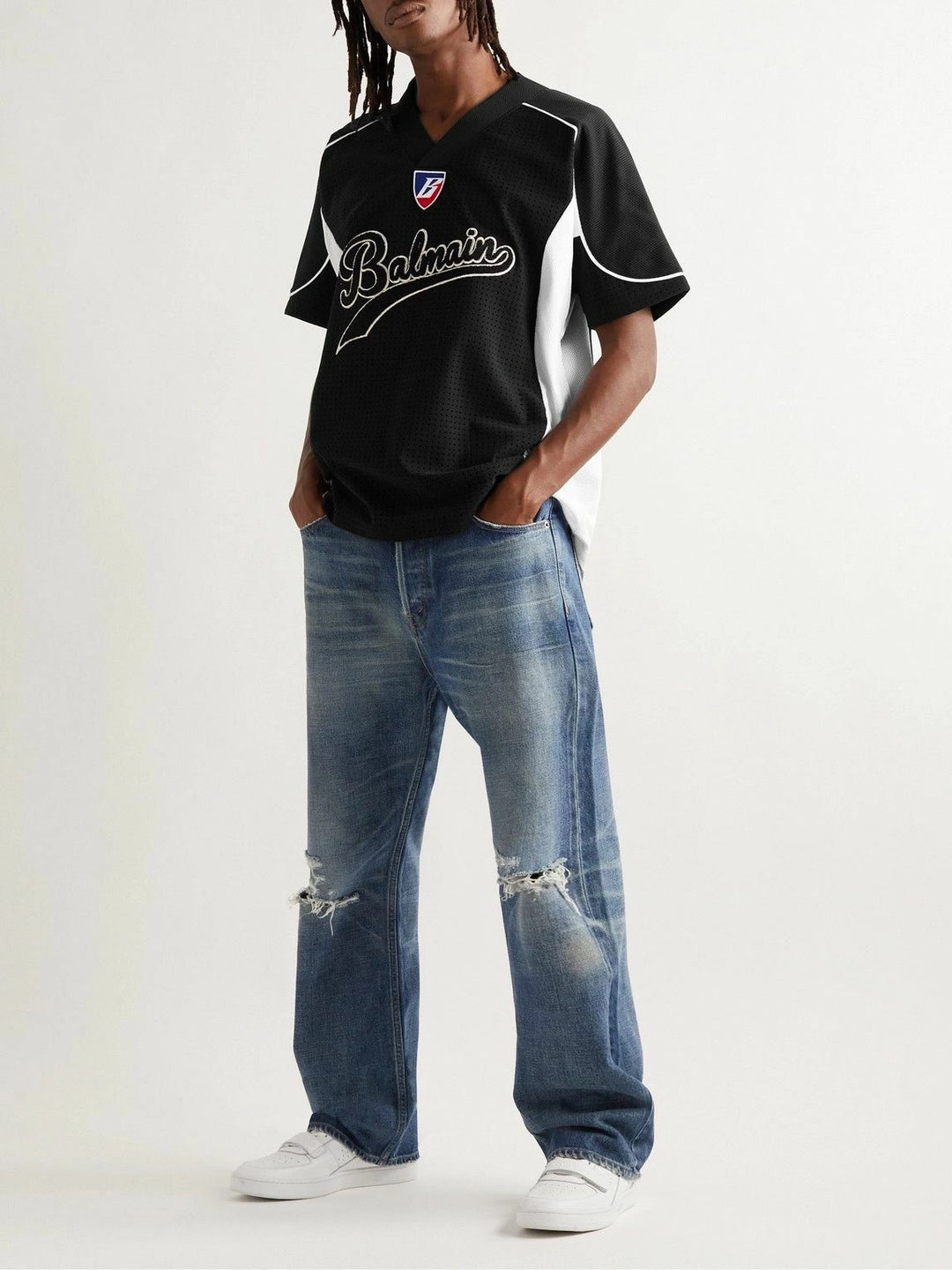 BALMAIN HOCKEY OVERSIZED LOGO APPLIQUED MESH T-SHIRT