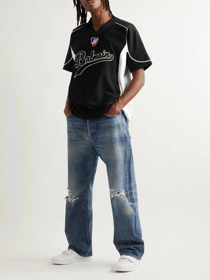 BALMAIN HOCKEY OVERSIZED LOGO APPLIQUED MESH T-SHIRT