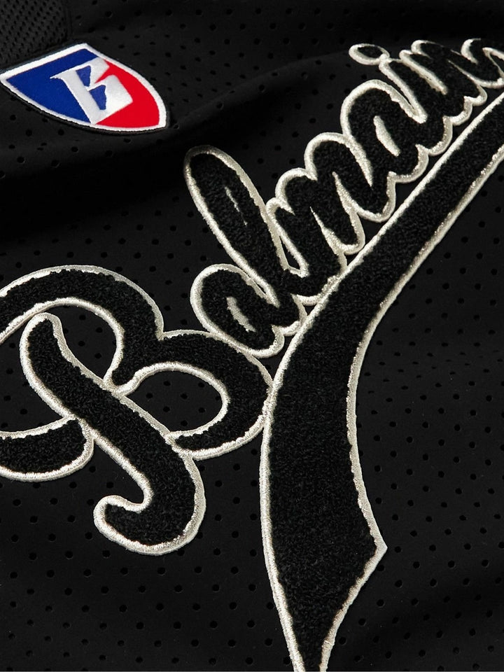 BALMAIN HOCKEY OVERSIZED LOGO APPLIQUED MESH T-SHIRT