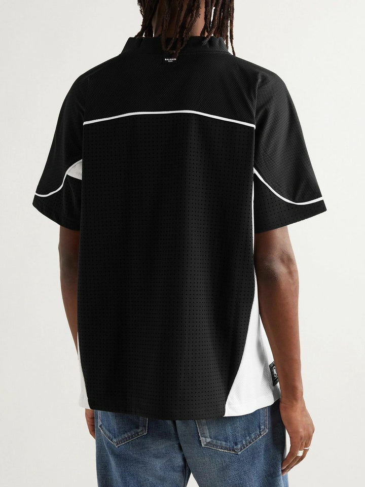 BALMAIN HOCKEY OVERSIZED LOGO APPLIQUED MESH T-SHIRT