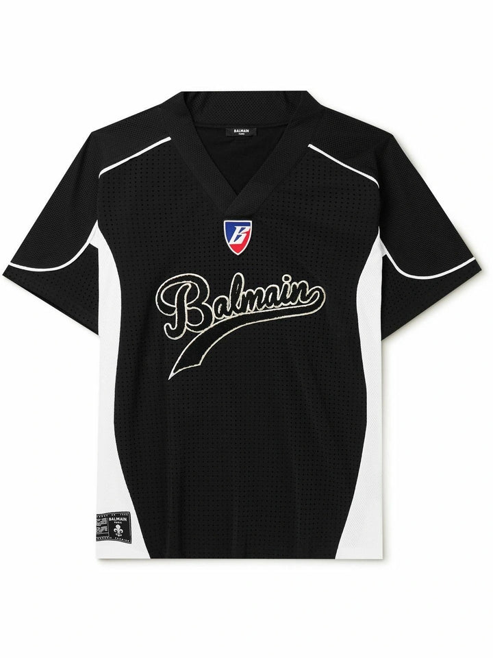 BALMAIN HOCKEY OVERSIZED LOGO APPLIQUED MESH T-SHIRT