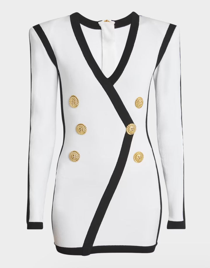 BALMAIN V-NECK BUTTON WRAP BODY-CON MINI DRESS
