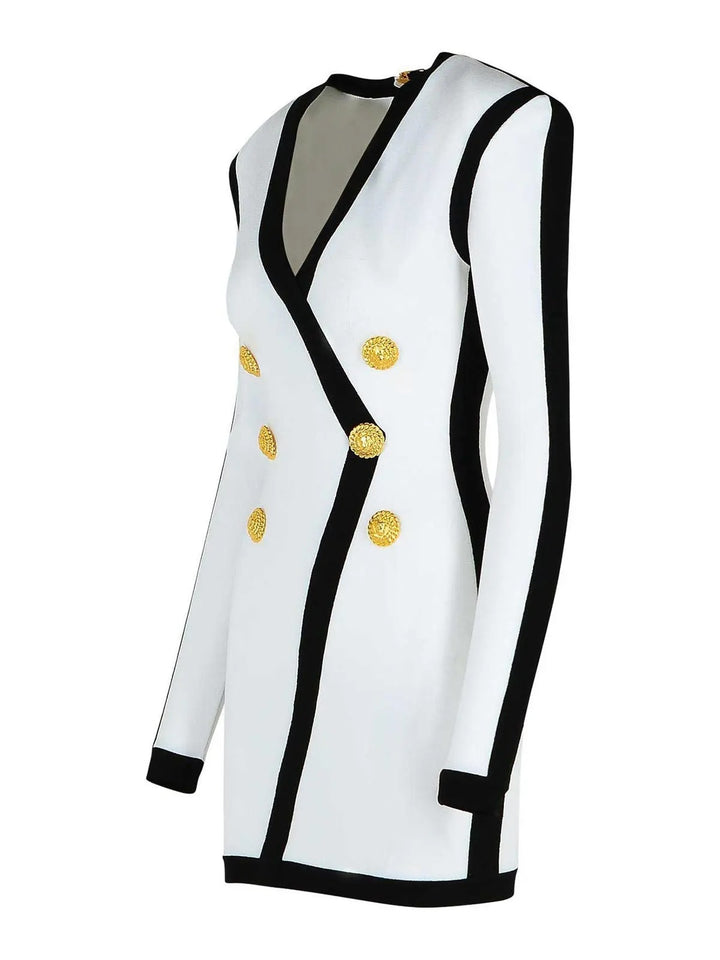 BALMAIN V-NECK BUTTON WRAP BODY-CON MINI DRESS
