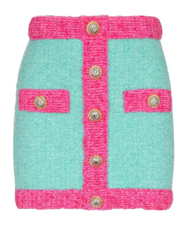 BALMAIN BUTTON-EMBELLISHED TWO-TONE BOUCLÉ KNIT MINI SKIRT