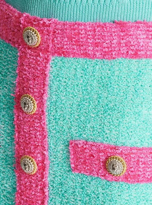 BALMAIN BUTTON-EMBELLISHED TWO-TONE BOUCLÉ KNIT MINI SKIRT