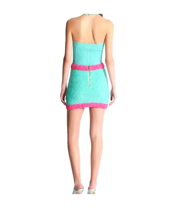 BALMAIN BUTTON-EMBELLISHED TWO-TONE BOUCLÉ KNIT MINI SKIRT